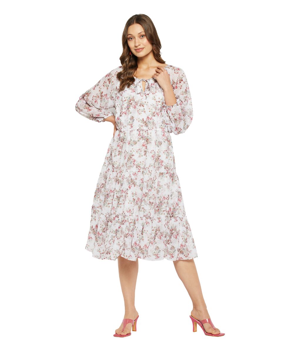 Floral Printed Off-White Midi Dress For Women