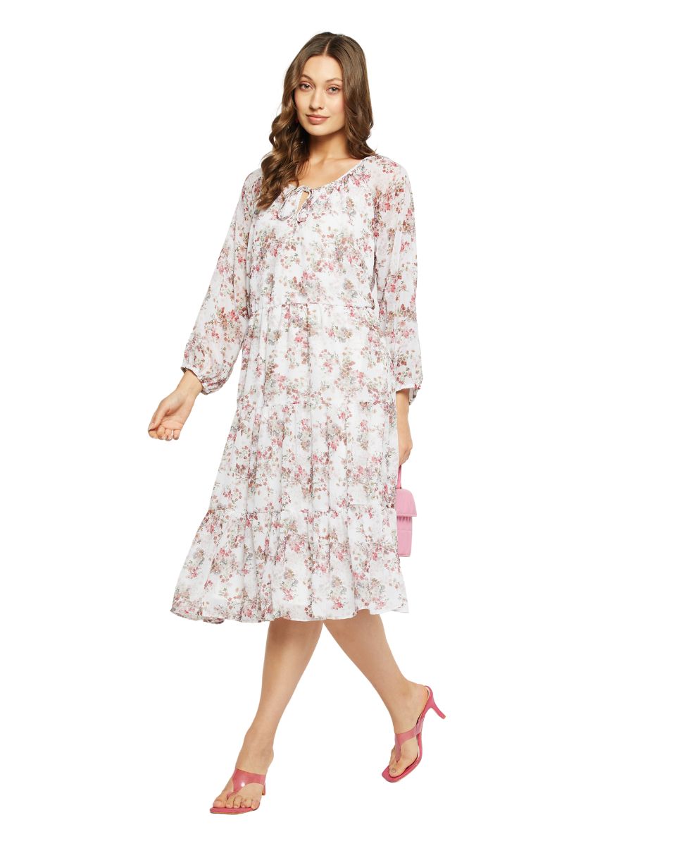 Floral Printed Off-White Midi Dress For Women