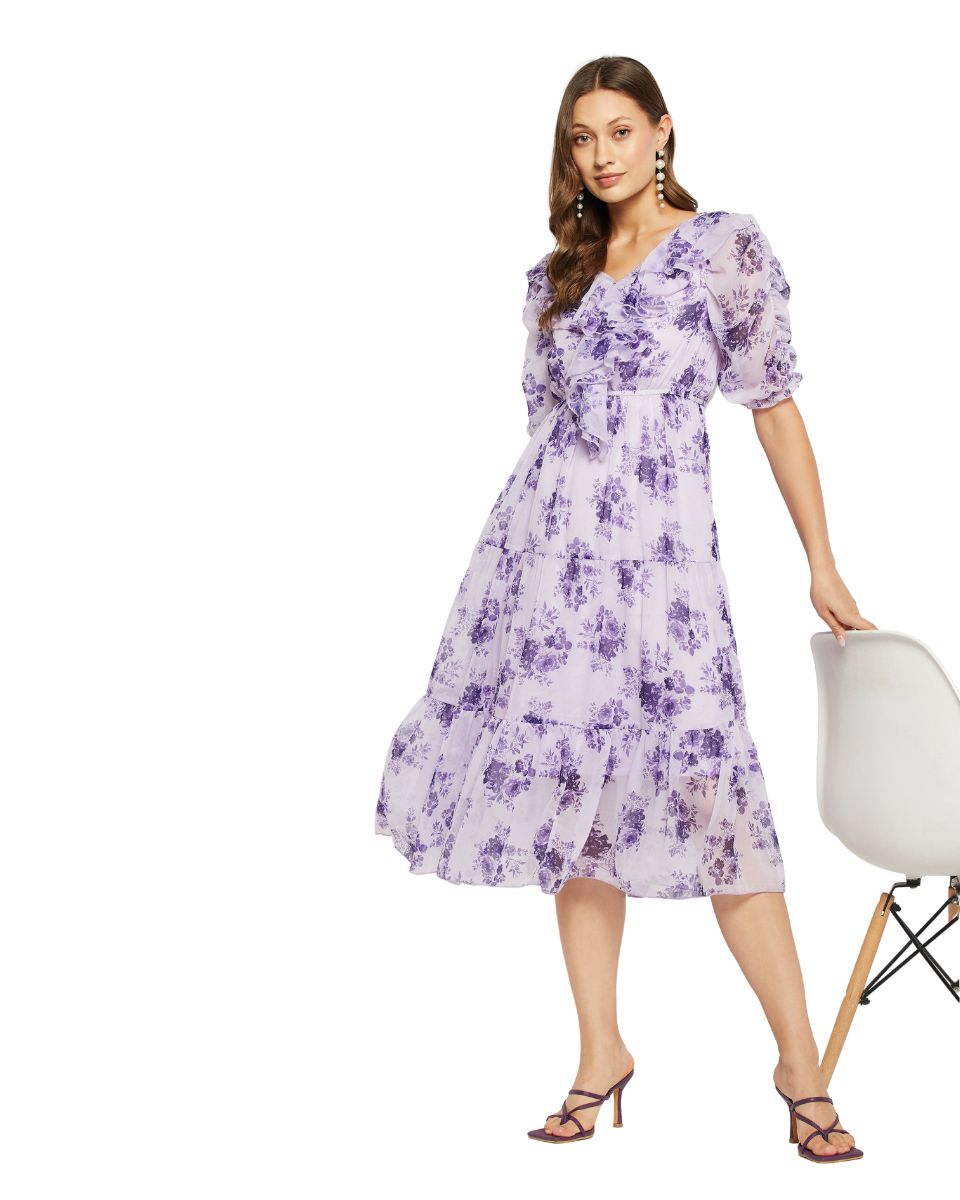 Georgette Fabric Purple Floral Printed Dress For Women