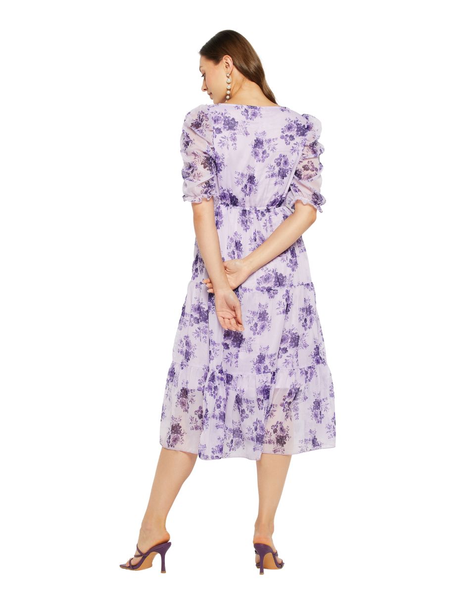 Georgette Fabric Purple Floral Printed Dress For Women
