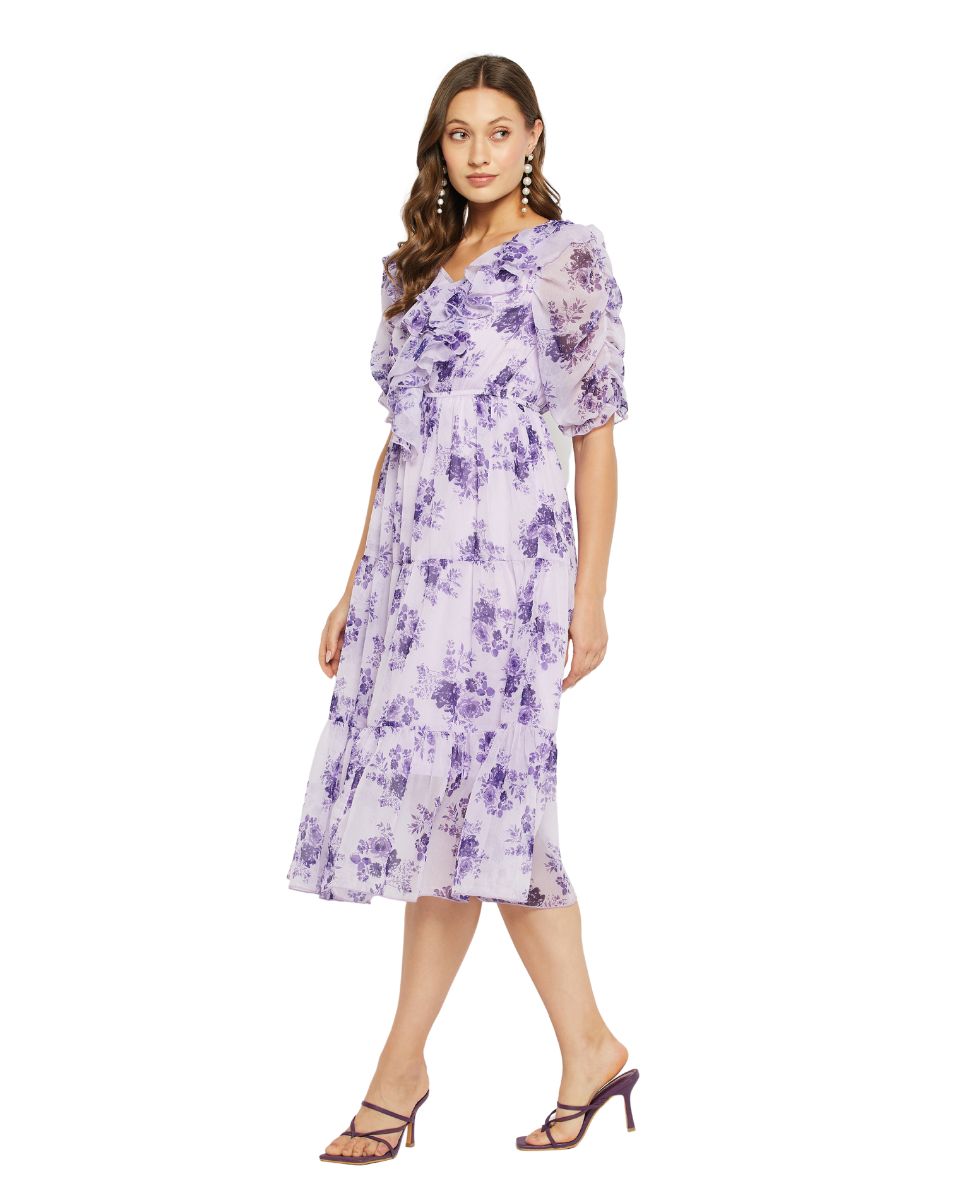 Georgette Fabric Purple Floral Printed Dress For Women