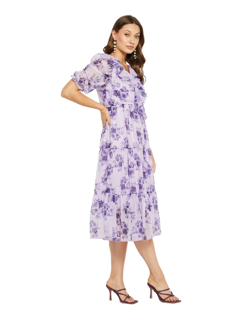 Georgette Fabric Purple Floral Printed Dress For Women