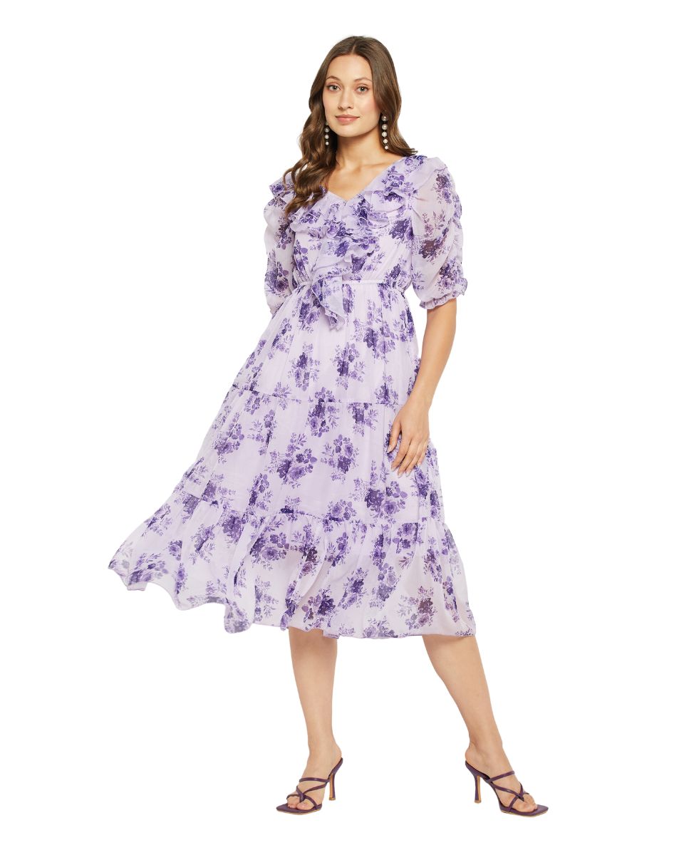 Georgette Fabric Purple Floral Printed Dress For Women