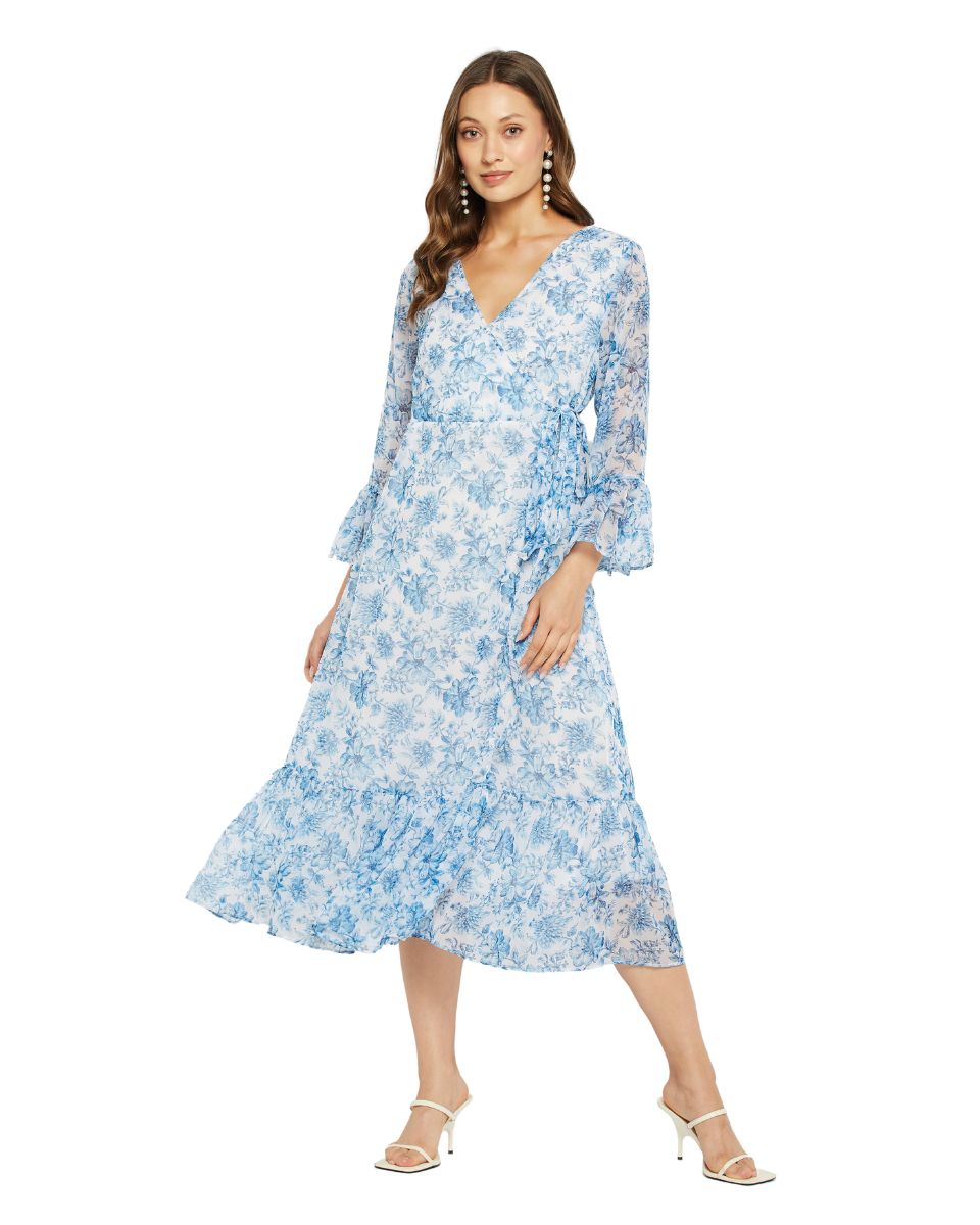 Georgette Fabric Sky Blue Floral Printed Dress For Women
