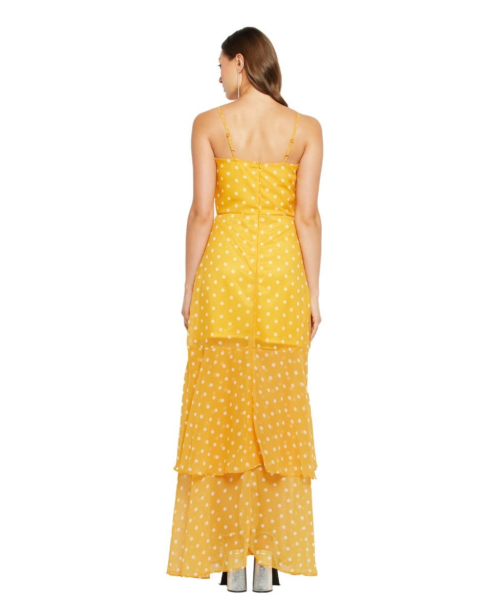 Polka Dot Printed Yellow Georgette Cami strap Dress For Women