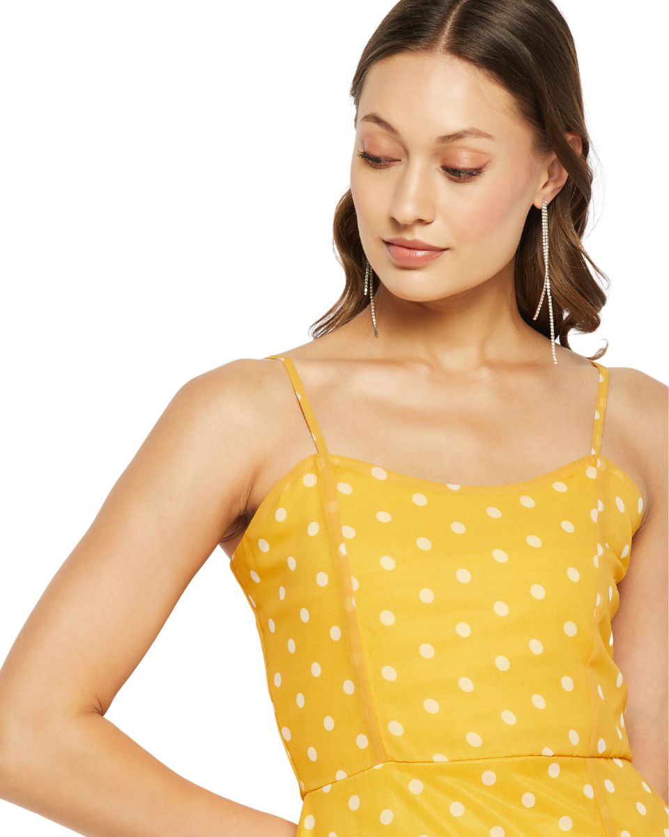 Polka Dot Printed Yellow Georgette Cami strap Dress For Women