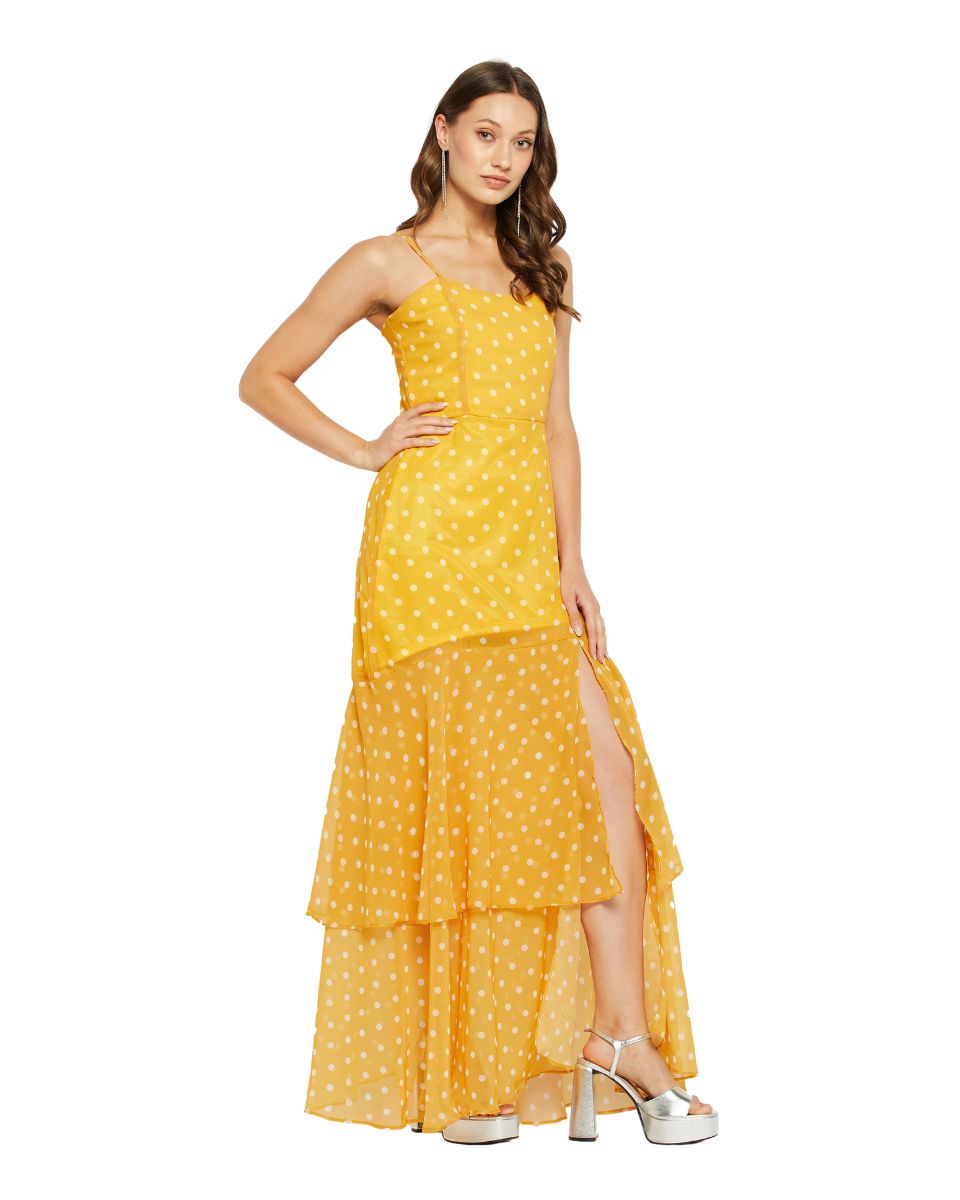 Polka Dot Printed Yellow Georgette Cami strap Dress For Women