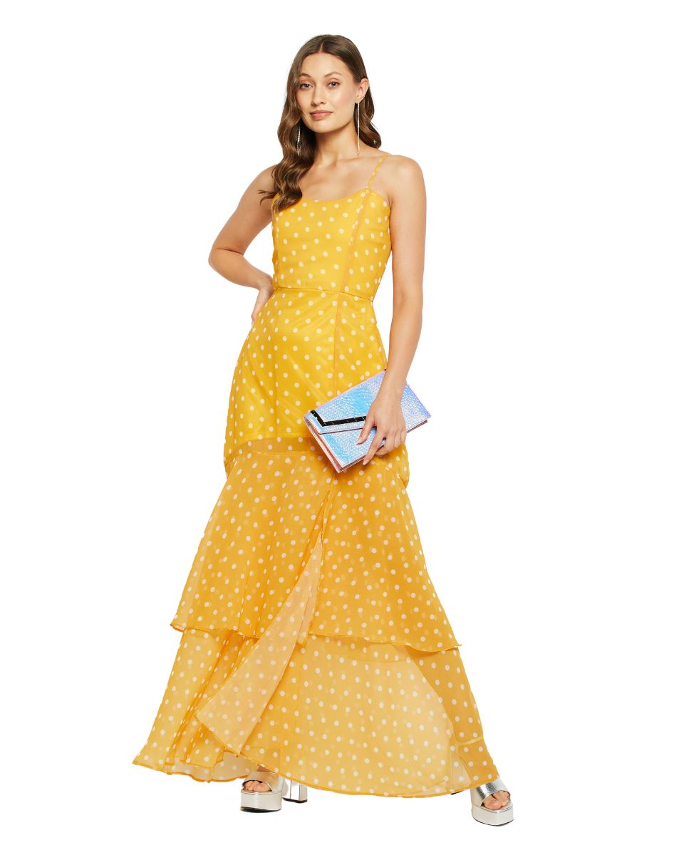 Polka Dot Printed Yellow Georgette Cami strap Dress For Women