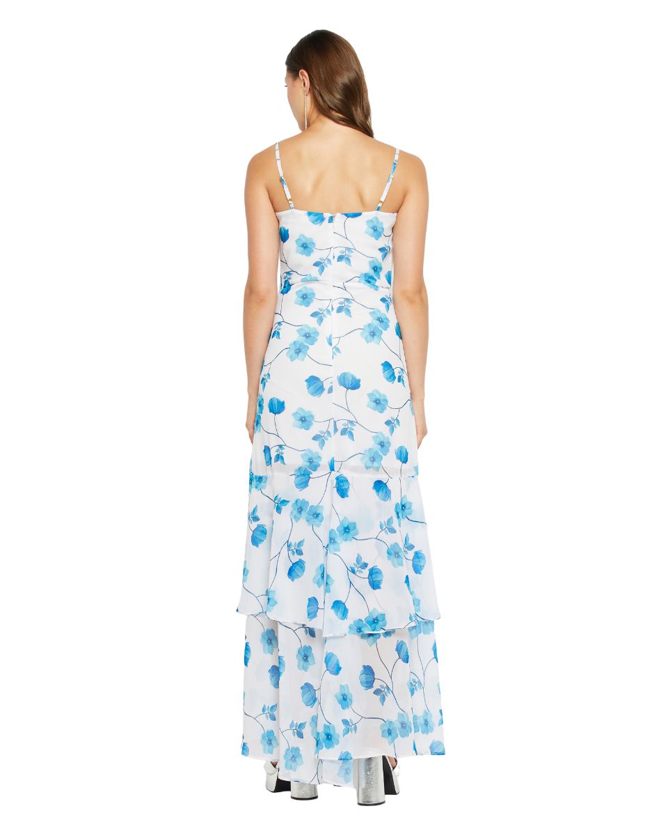 Sky Blue Floral Printed Georgette Beach Party Dress For Women