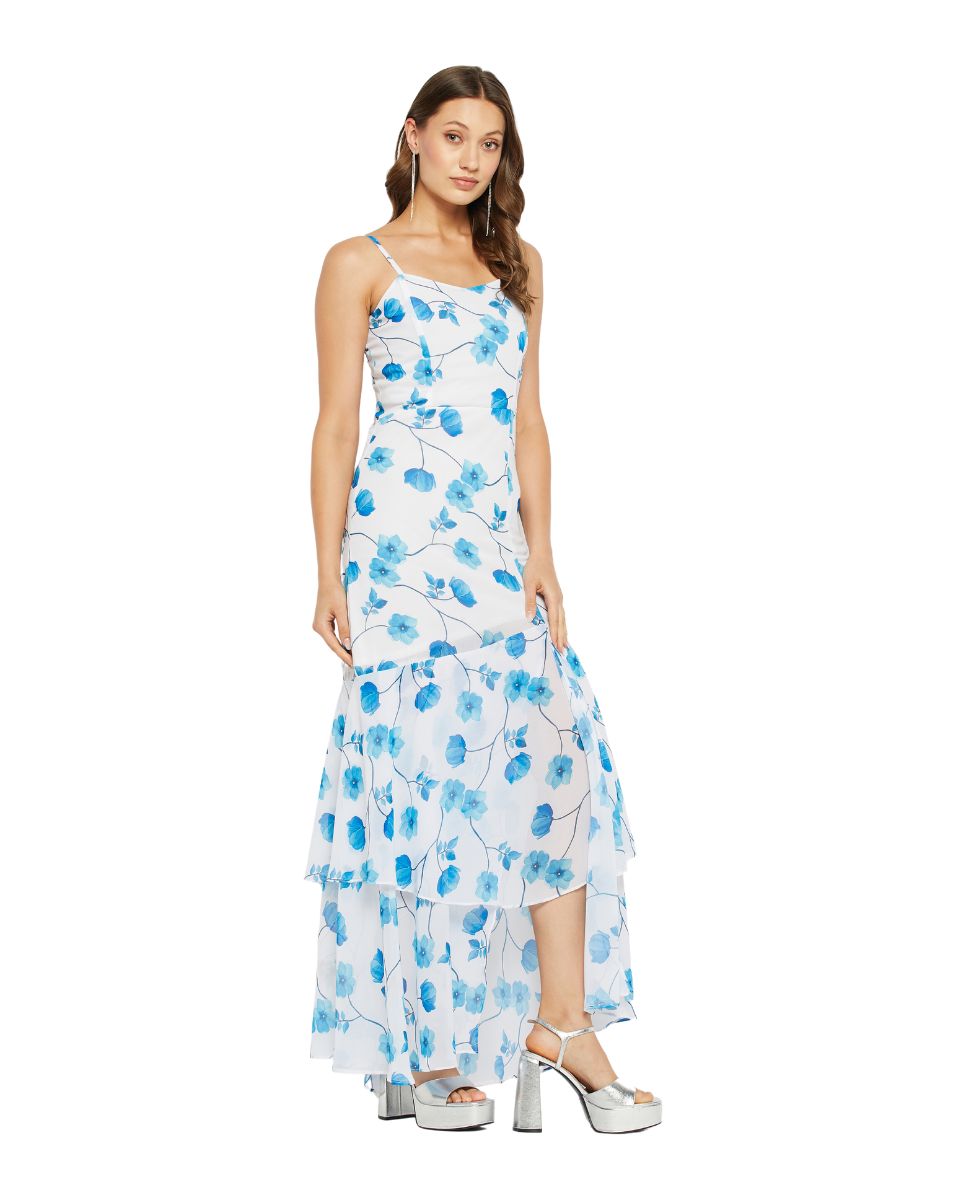 Sky Blue Floral Printed Georgette Beach Party Dress For Women