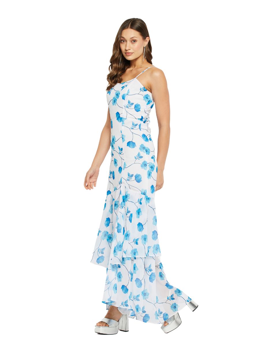 Sky Blue Floral Printed Georgette Beach Party Dress For Women