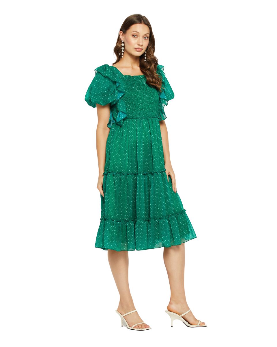 Polka Dot Printed Green Midi Dress For Women
