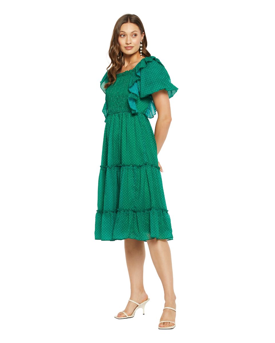 Polka Dot Printed Green Midi Dress For Women