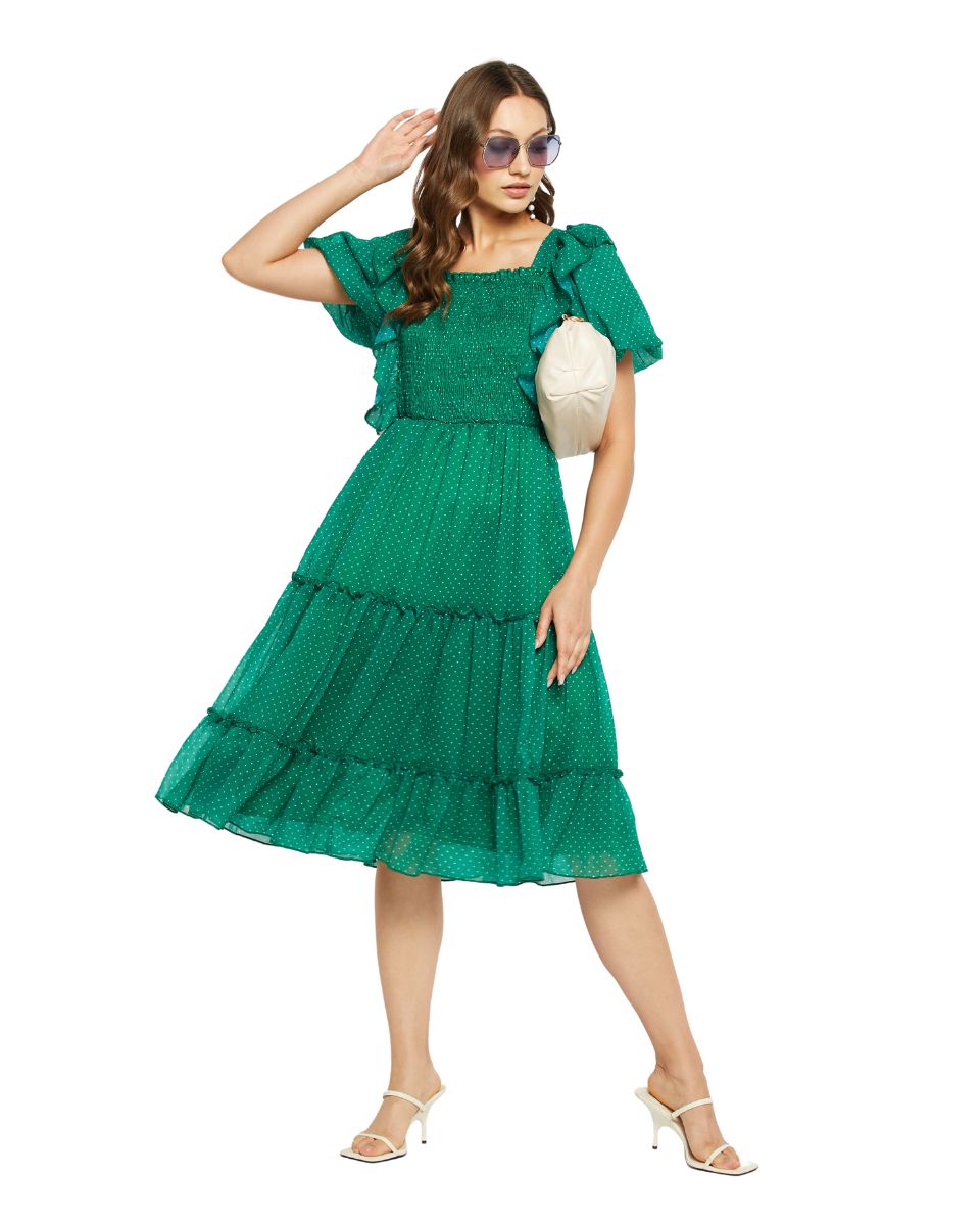 Polka Dot Printed Green Midi Dress For Women