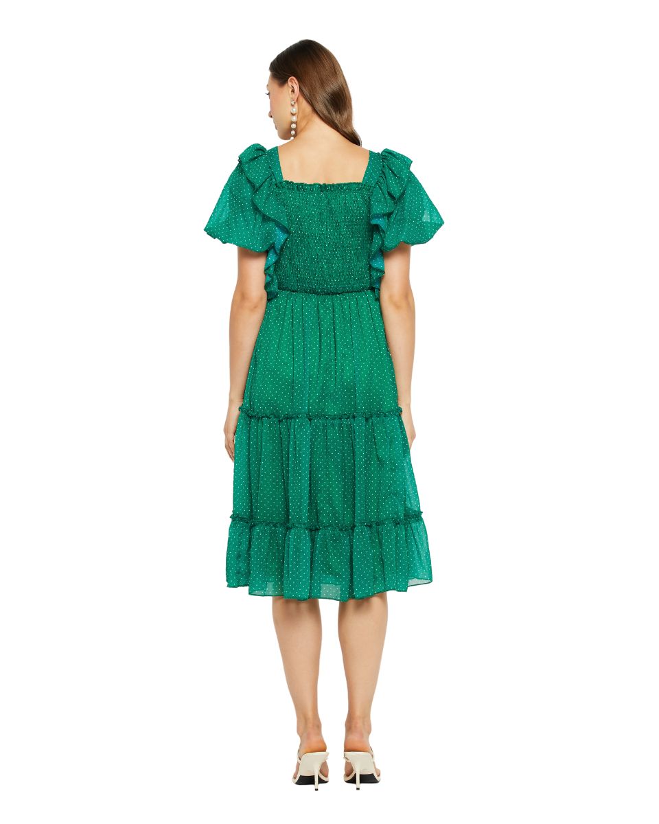 Polka Dot Printed Green Midi Dress For Women