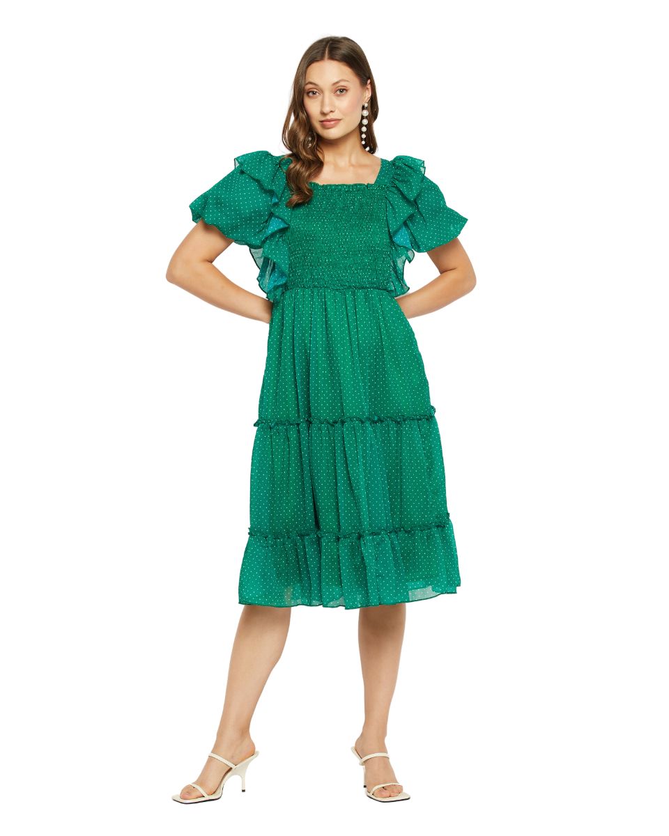 Polka Dot Printed Green Midi Dress For Women