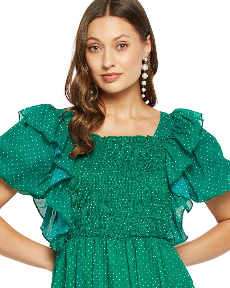 Polka Dot Printed Green Midi Dress For Women