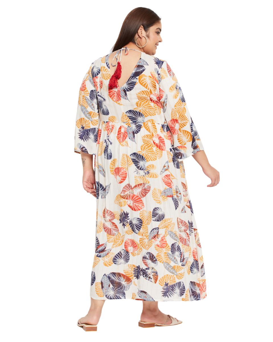 Leaf Printed White And Rust Rayon Dress For Women