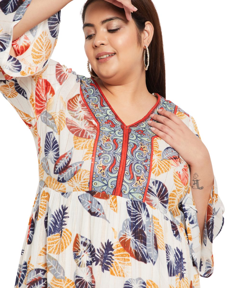 Leaf Printed White And Rust Rayon Dress For Women