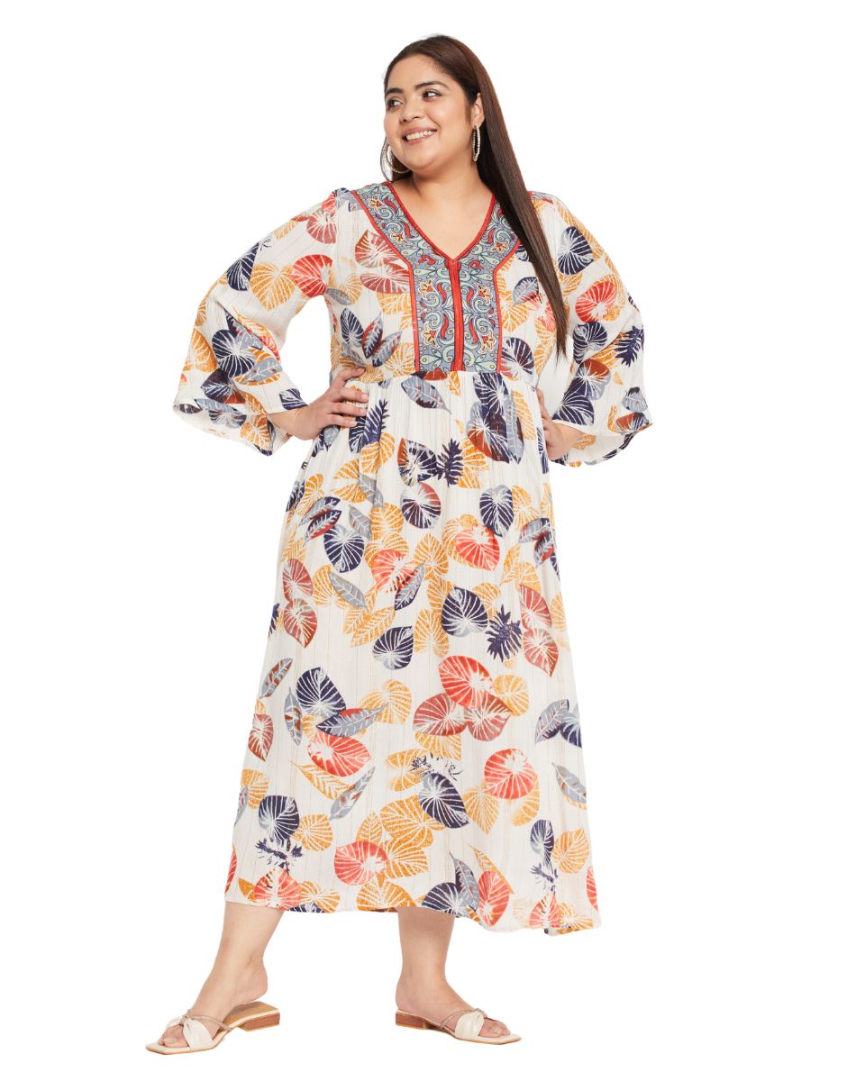 Leaf Printed White And Rust Rayon Dress For Women