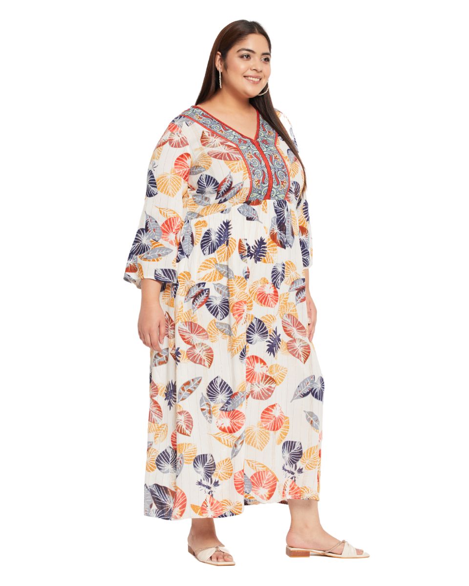 Leaf Printed White And Rust Rayon Dress For Women