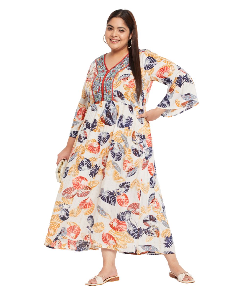 Leaf Printed White And Rust Rayon Dress For Women