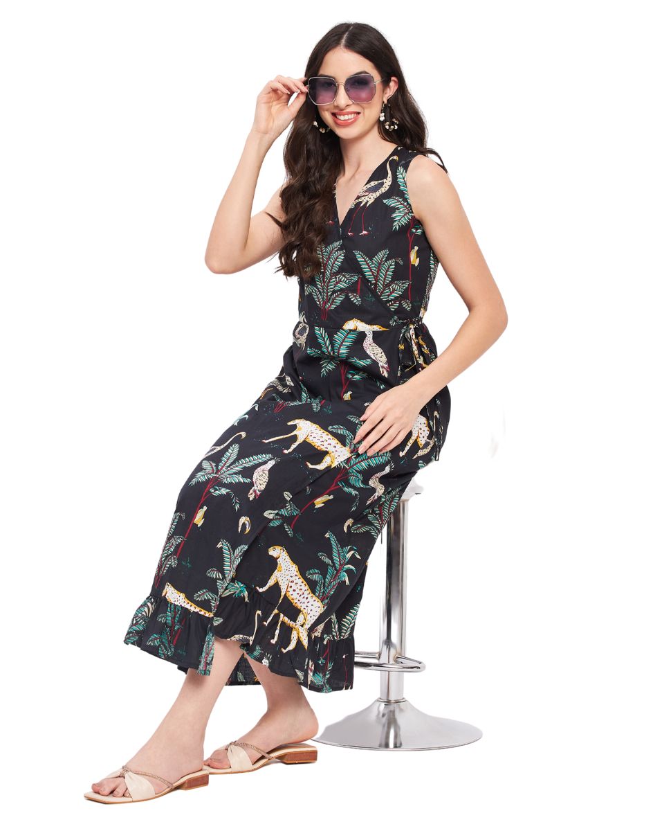 Tropical Printed Black Cotton Midi Beach Overlap Dress For Women