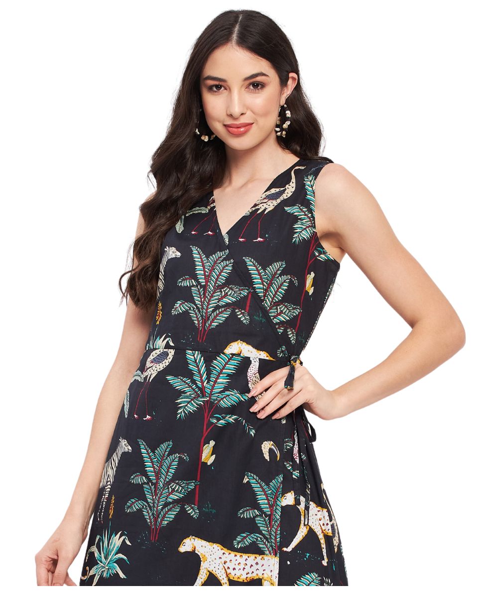 Tropical Printed Black Cotton Midi Beach Overlap Dress For Women