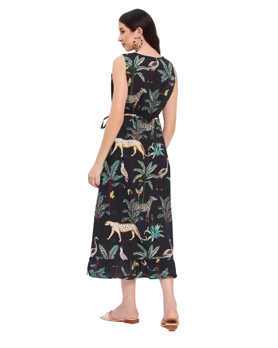 Tropical Printed Black Cotton Midi Beach Overlap Dress For Women