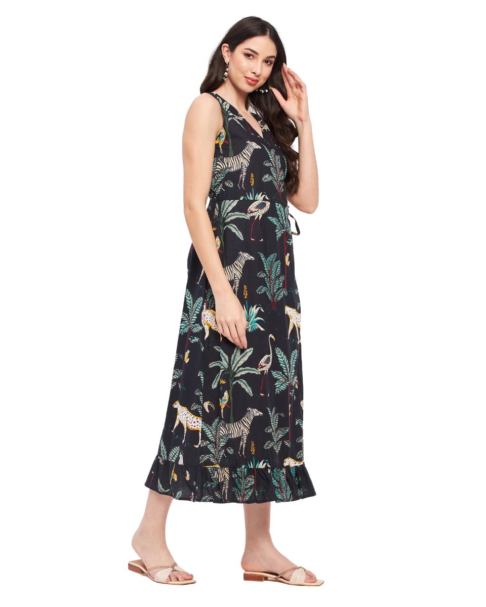 Tropical Printed Black Cotton Midi Beach Overlap Dress For Women