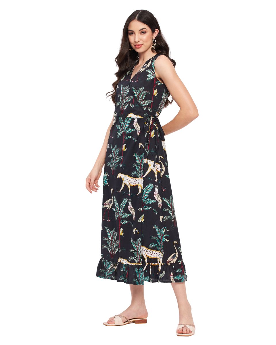 Tropical Printed Black Cotton Midi Beach Overlap Dress For Women