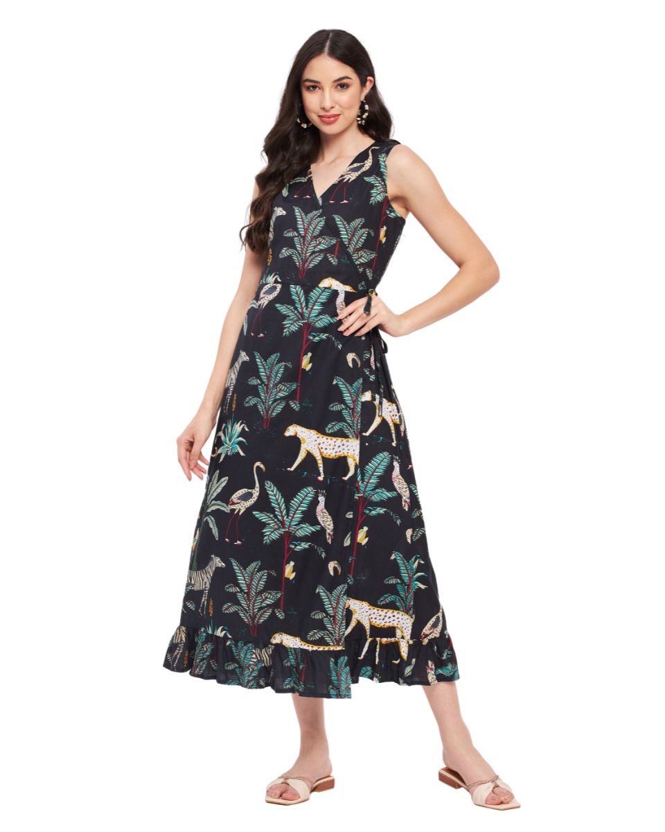 Tropical Printed Black Cotton Midi Beach Overlap Dress For Women