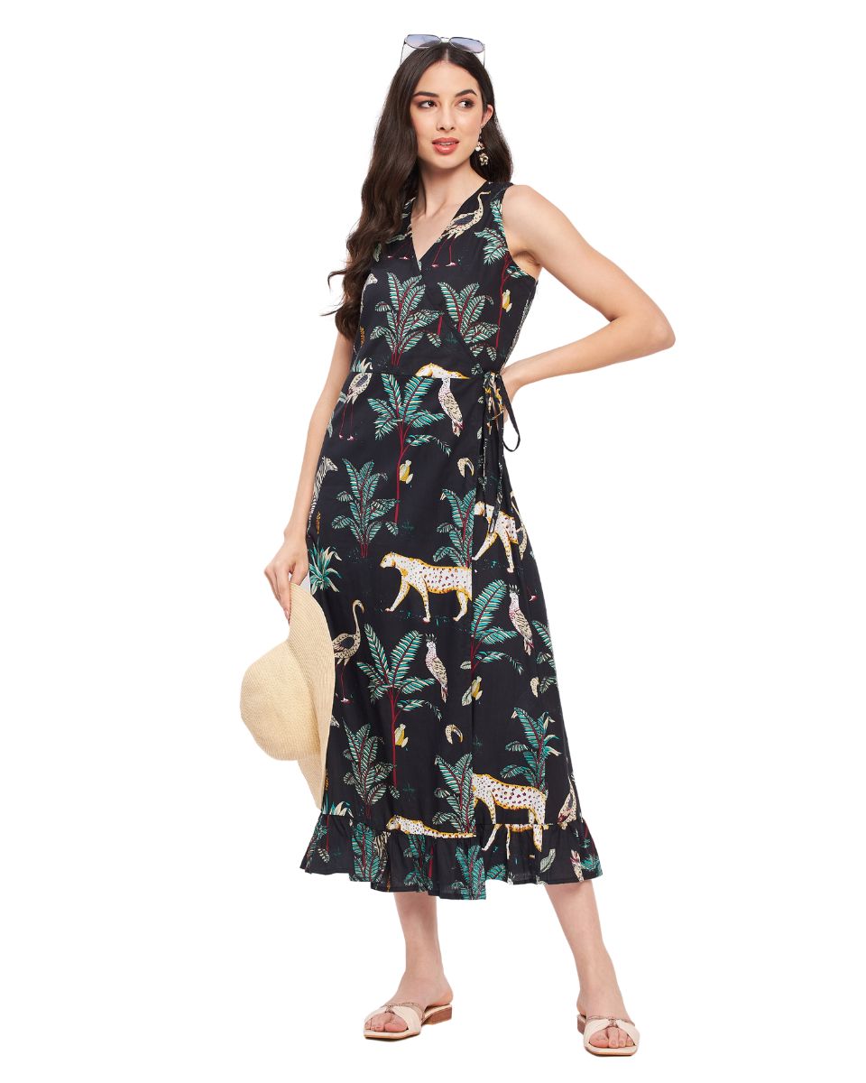 Tropical Printed Black Cotton Midi Beach Overlap Dress For Women