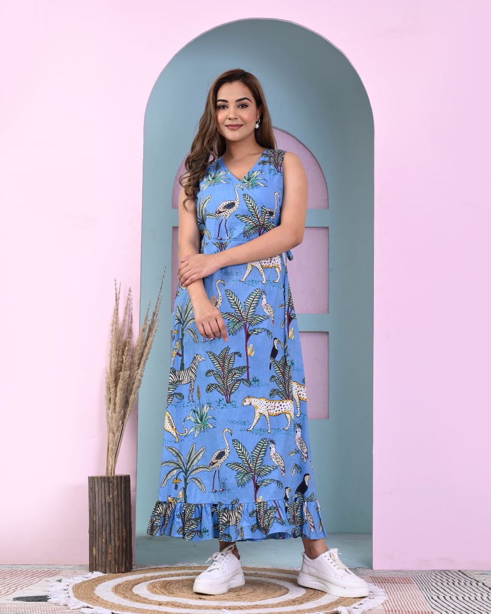 Azure Blue Tropical Printed Cotton Dress For Women