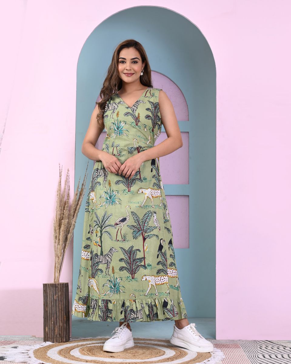 Moss Green Tropical Printed Cotton Dress For Women