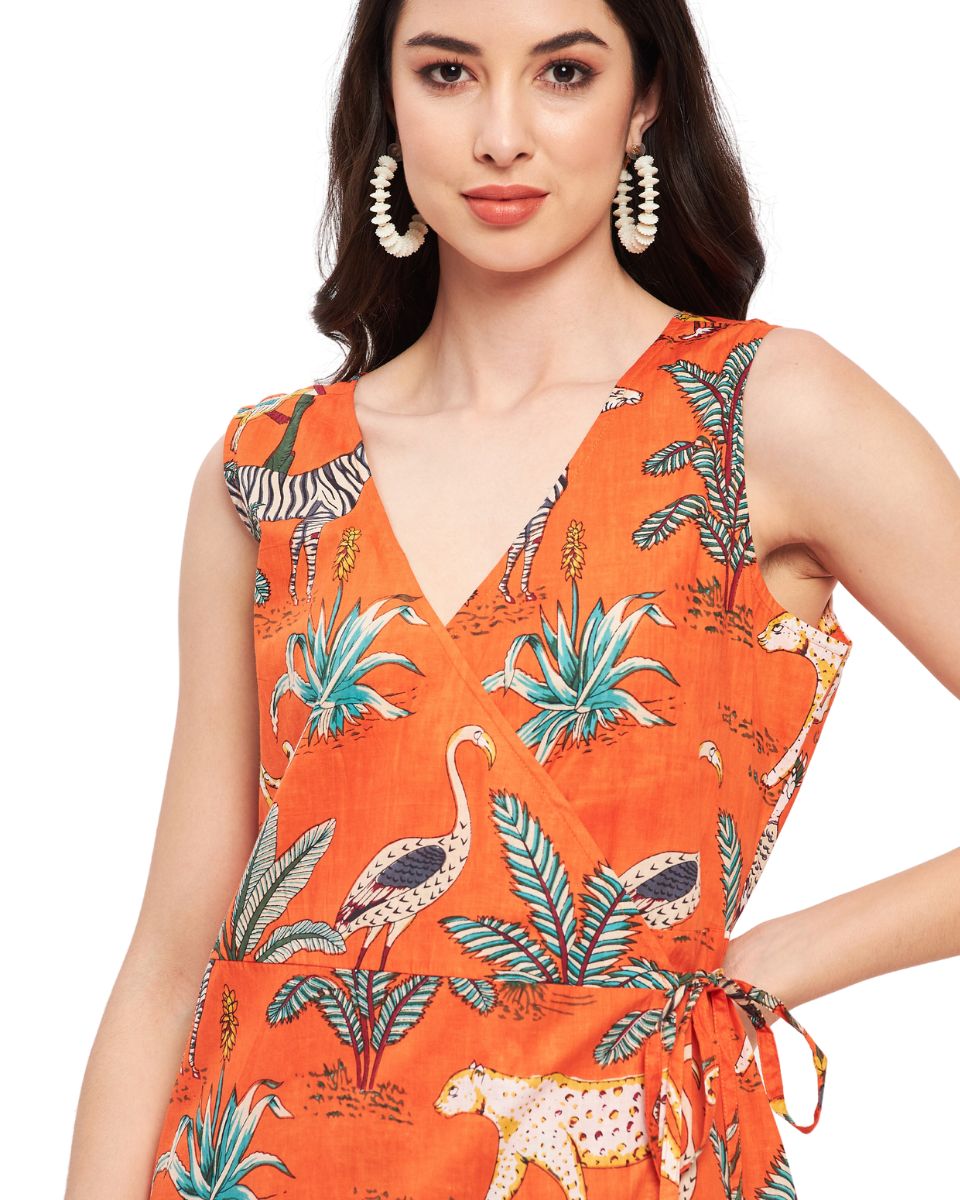 Orange Tropical Printed Cotton Party Dress For Women