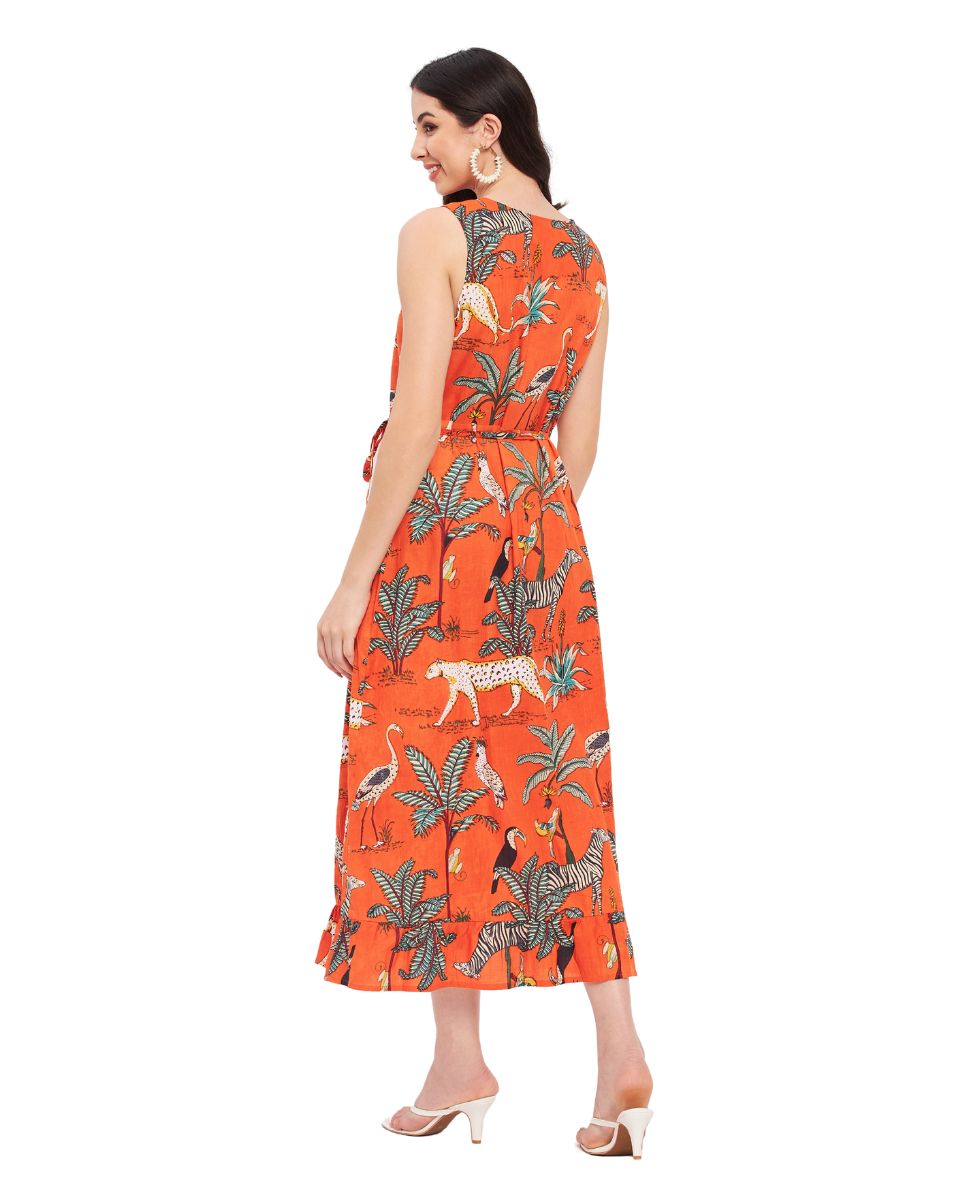 Orange Tropical Printed Cotton Party Dress For Women