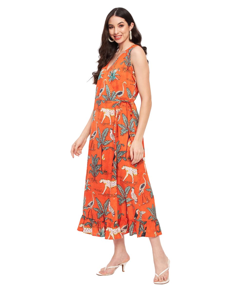 Orange Tropical Printed Cotton Party Dress For Women