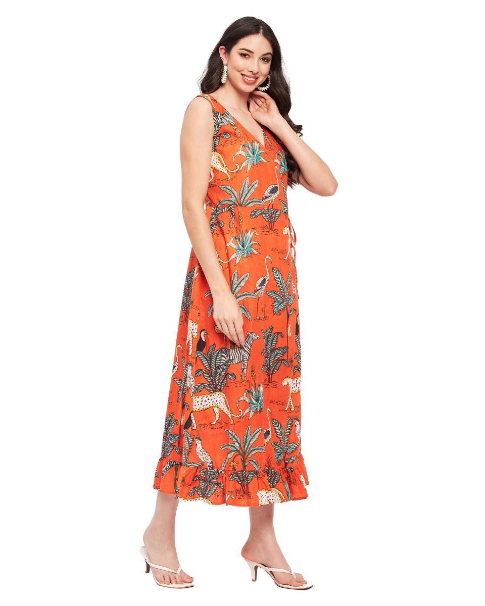 Orange Tropical Printed Cotton Party Dress For Women