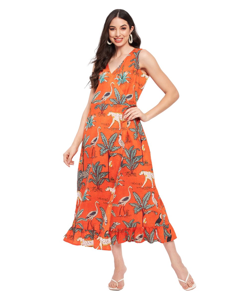 Orange Tropical Printed Cotton Party Dress for Women XL