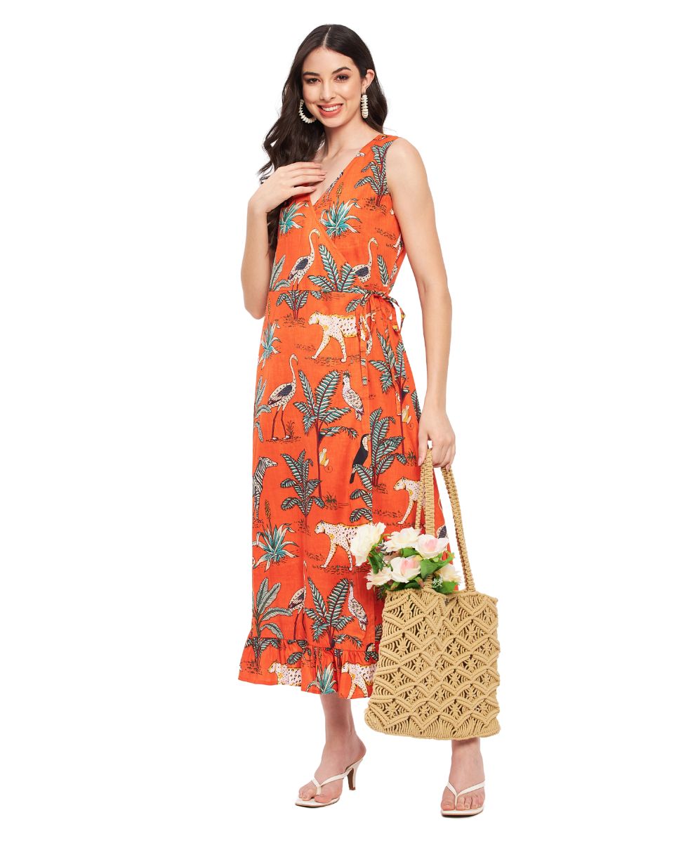 Orange Tropical Printed Cotton Party Dress For Women