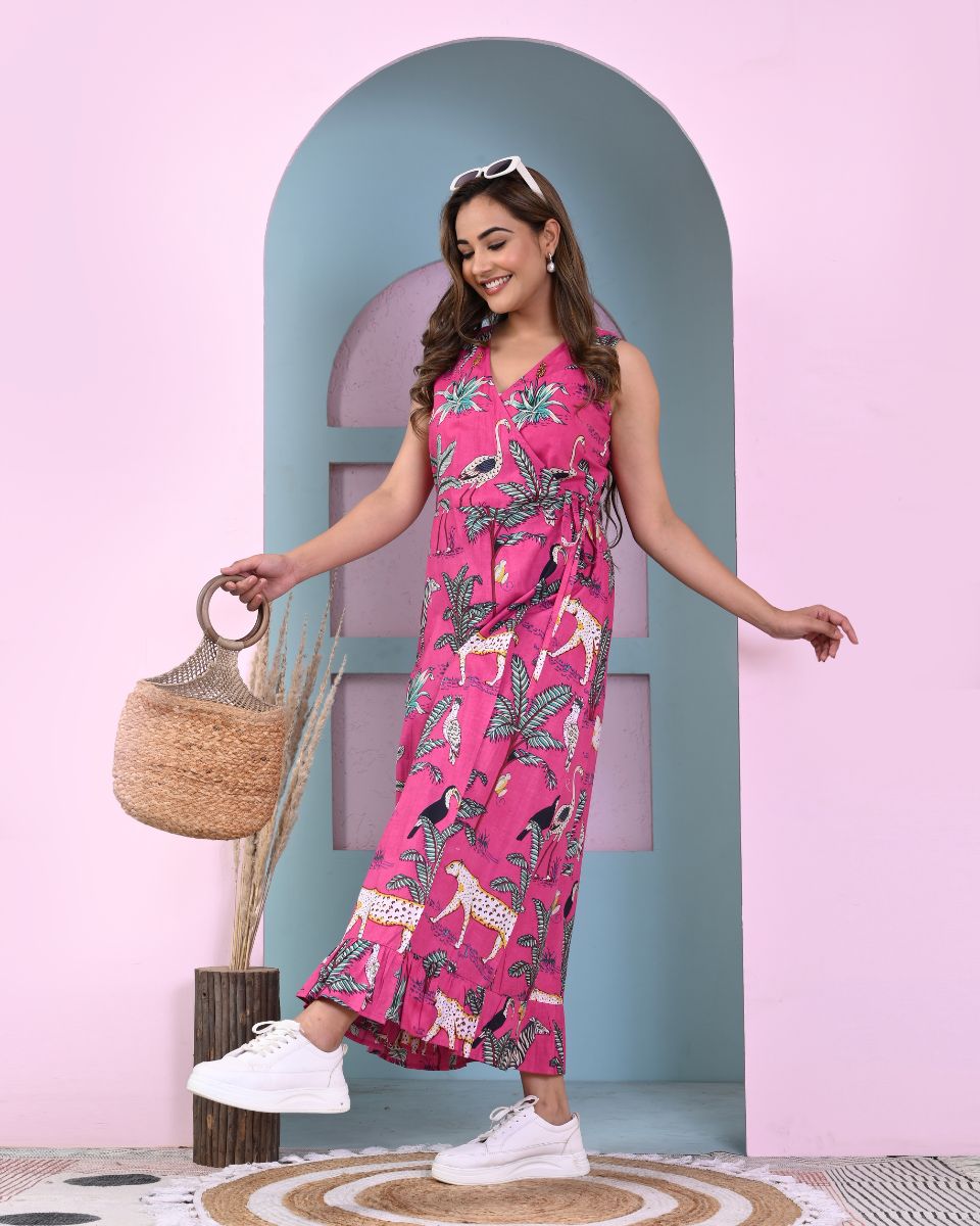 Deep Pink Tropical Printed Cotton Long Dress For Women