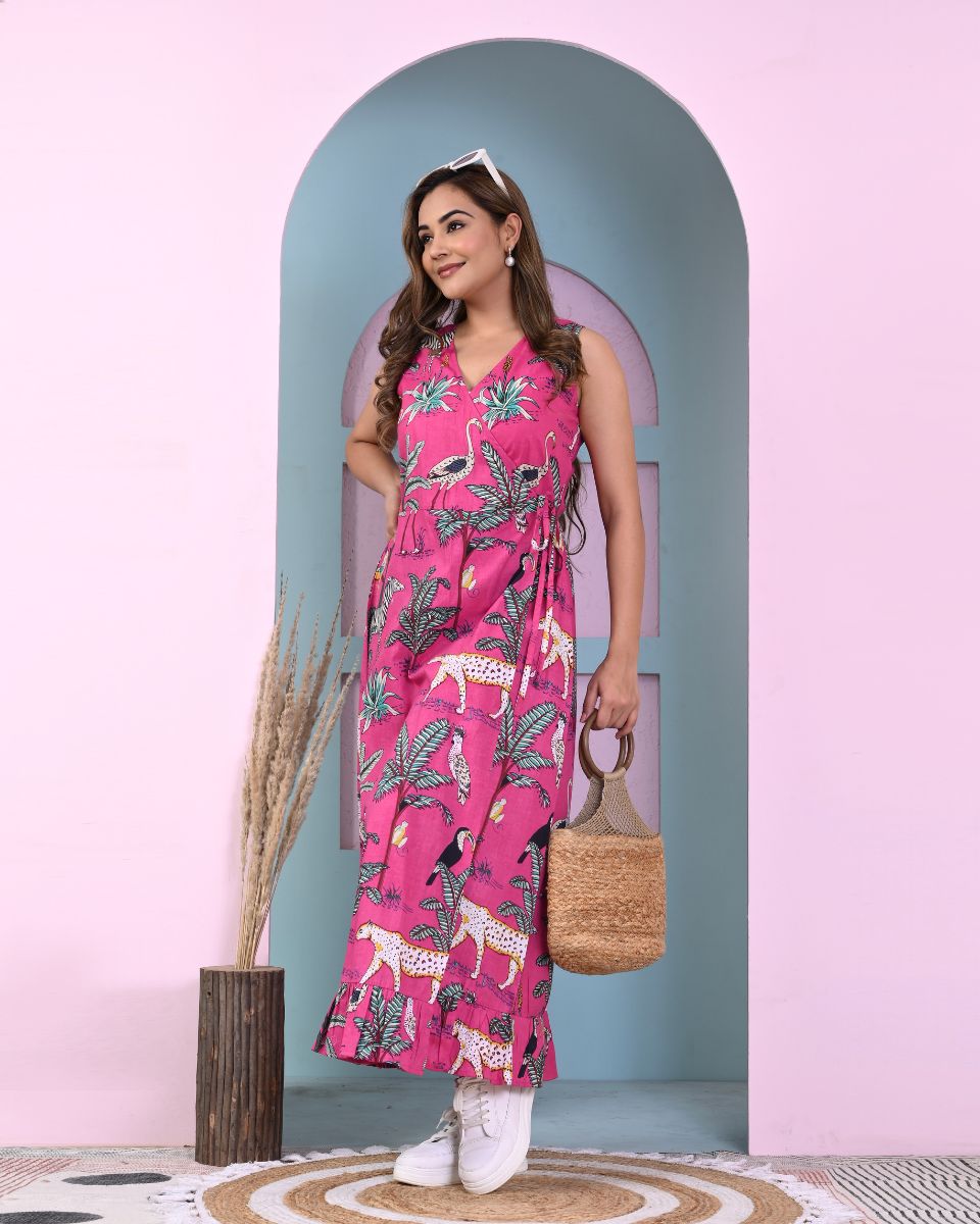 Deep Pink Tropical Printed Cotton Long Dress For Women