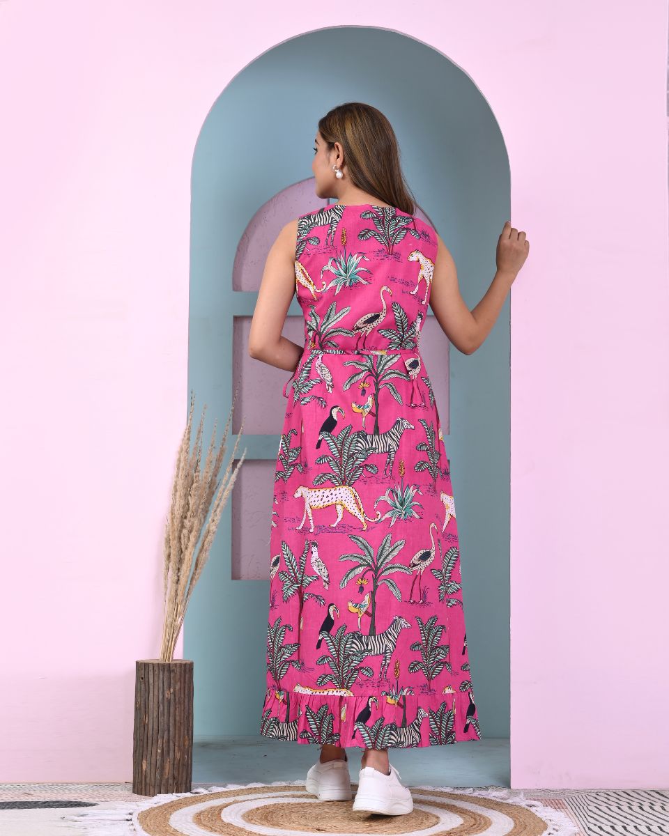 Deep Pink Tropical Printed Cotton Long Dress For Women