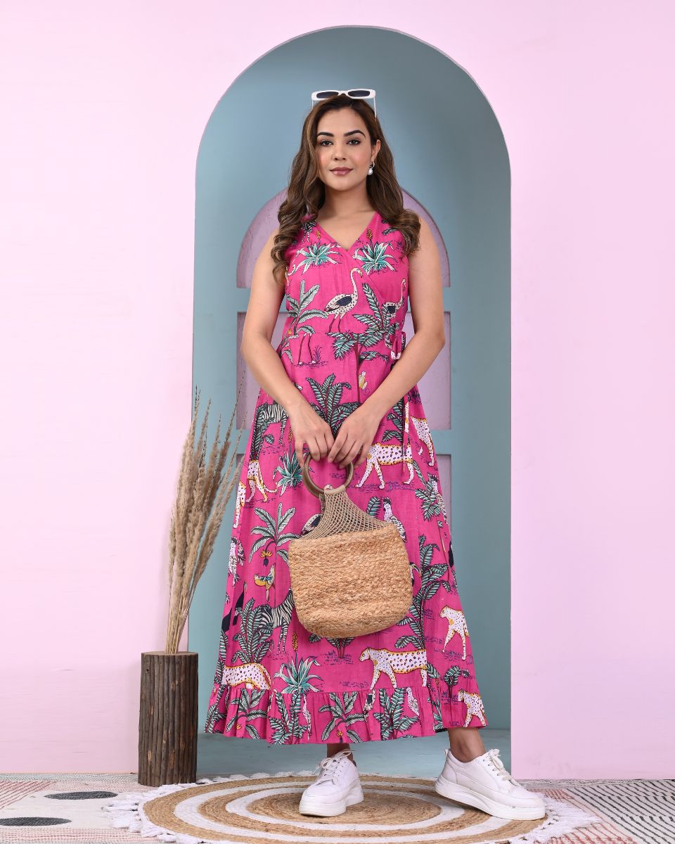 Deep Pink Tropical Printed Cotton Long Dress For Women