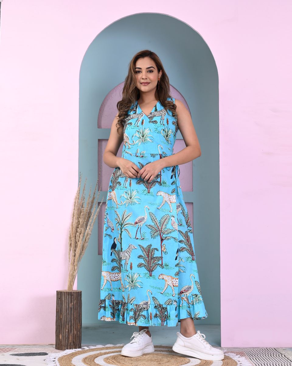Sky Blue Tropical Printed Cotton Beach Maxi Dress For Women