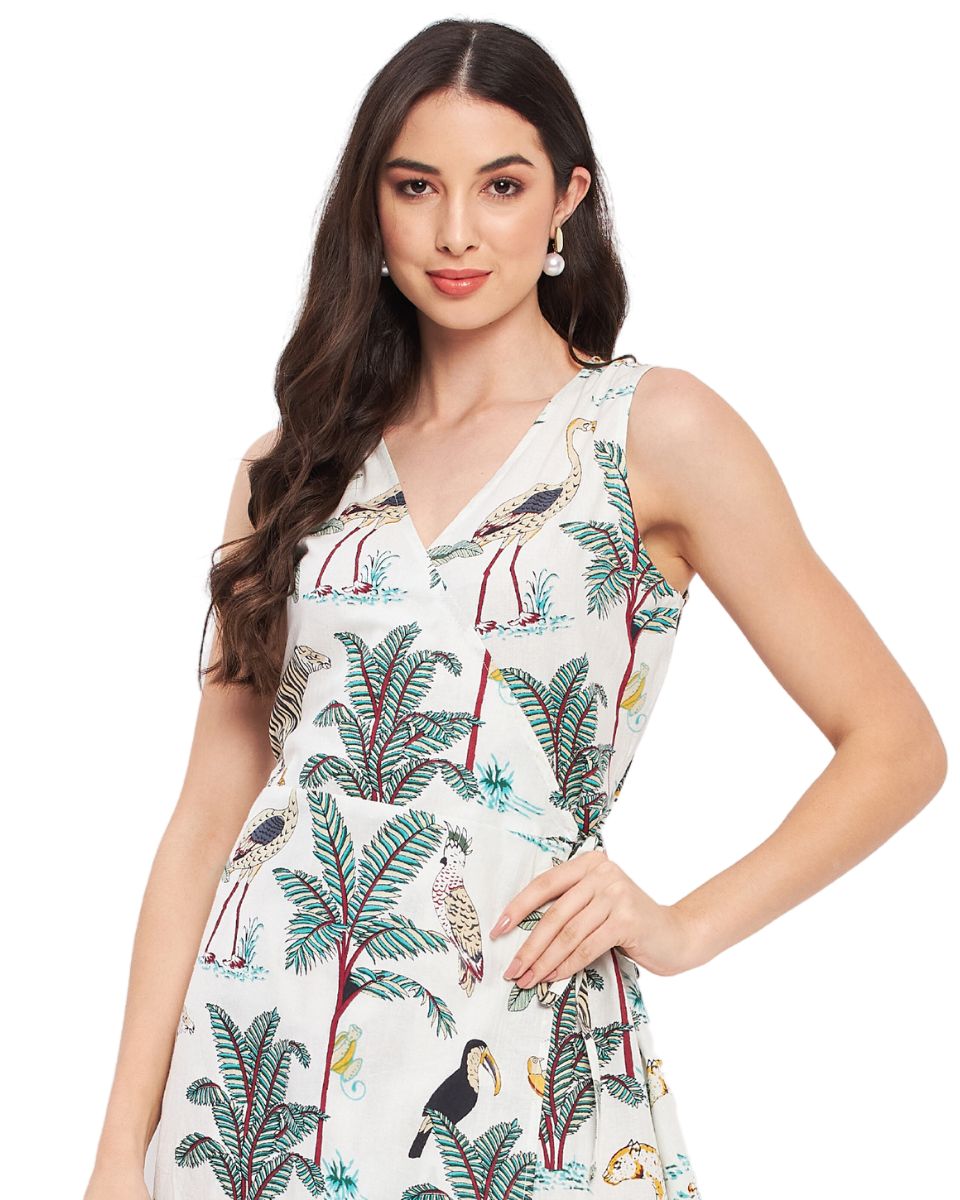 White Tropical Printed Cotton Maxi Dress For Women