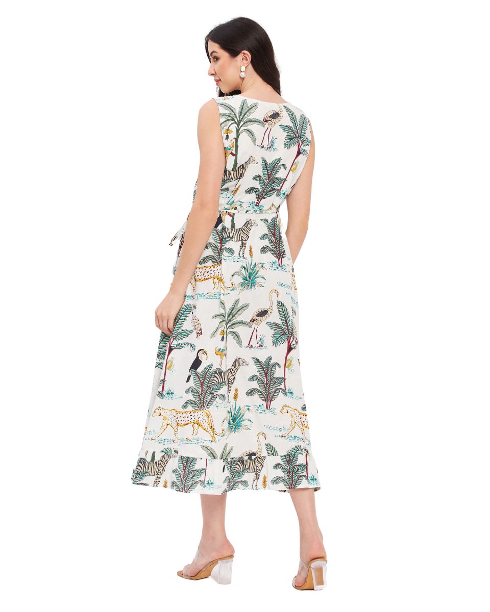 White Tropical Printed Cotton Maxi Dress For Women