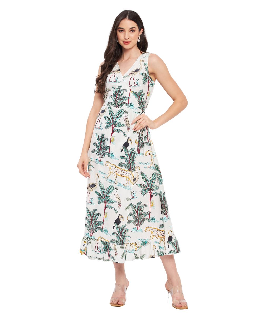 White Tropical Printed Cotton Maxi Dress For Women