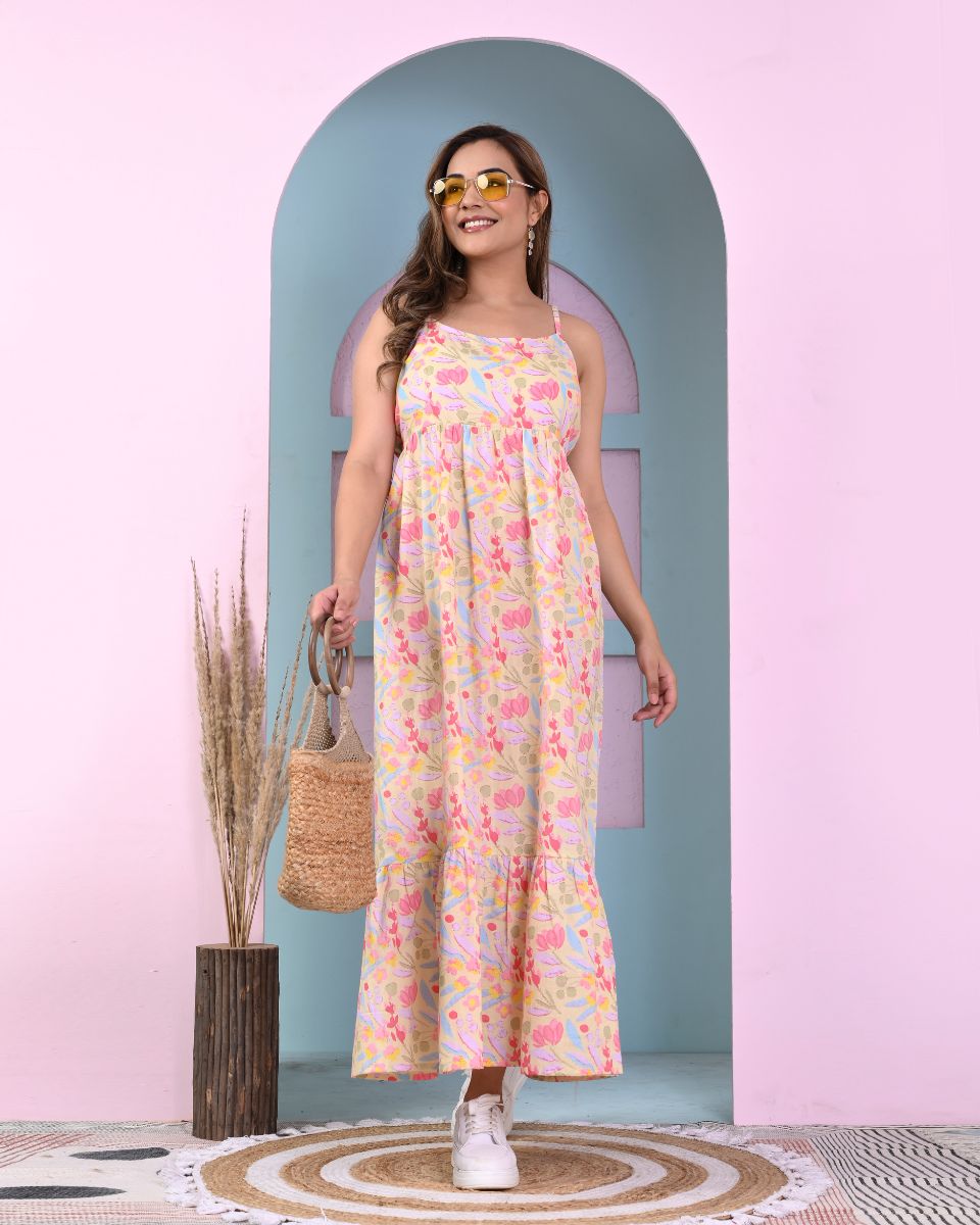 Yellow Cotton Cami Strap Floral Long Dress For Women